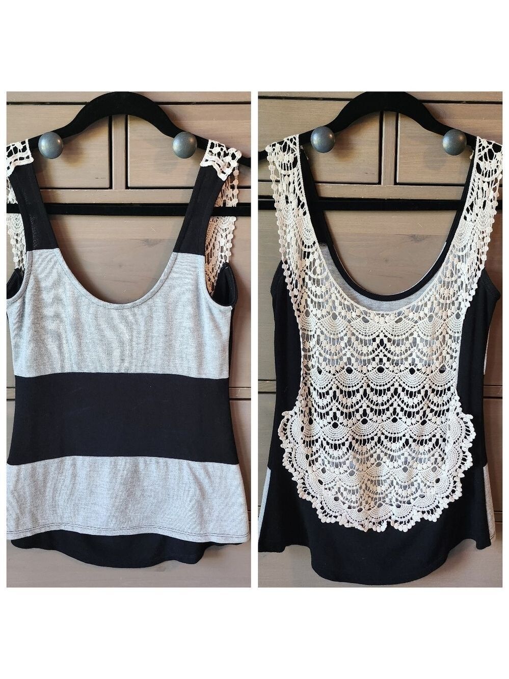 Black and Gray Striped Tank With A  Lace Crochet Back